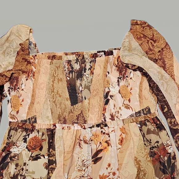 City Chic Floral Patchwork Smocked Floral Midi Dress Printed Long Balloon Sleeve - Picture 8 of 13